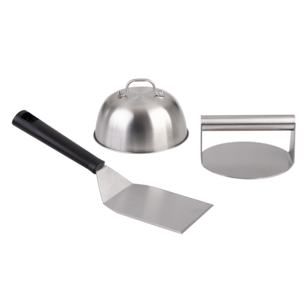 Set Pressa Per Hamburger In Acciaio Inox 4 Pezzi - Con Spatola A Z, Campana E 50 Carte Forno - Utensili Per Barbecue E Piastra